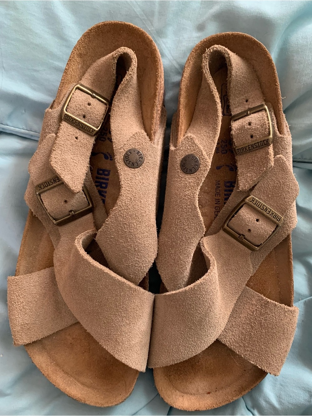 Birkenstock Suede Tan Cross-Strap Sandals with Buckles